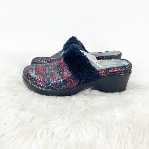 Alegria 40 EU 10 US Womens Black Isabelle Tartan Plaid Leather Fur Mules Clog - Picture 6 of 14
